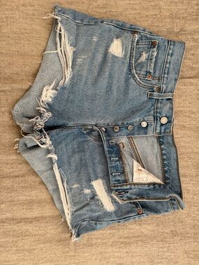Levi's 501 Light Blue Distressed High Waist Denim Shorts